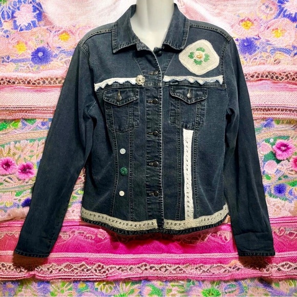 Vintage Upcycled Denim Jean Jacket Hand Embellished Lace Boho Western Large - Picture 1 of 11